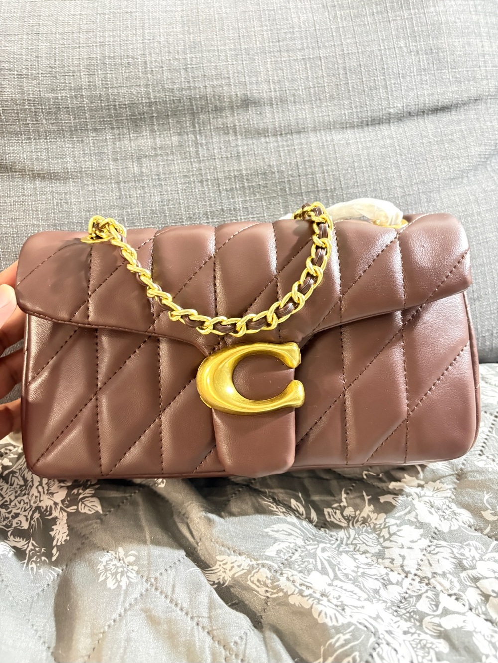 Quilted Chocolate Shoulder Bag with Gold Chain and 'C' Accent